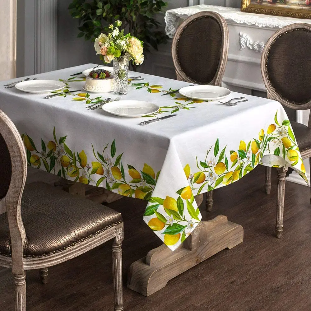 Summer Lemon Flower Rectangle Tablecloth Holiday Party Decorations Reusable Waterproof Table Covers Kitchen Dining Table Decor