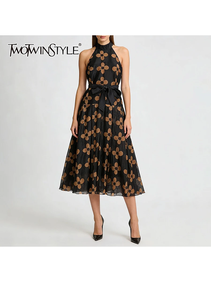 TWOTWINSTYLE Hit Kleurendruk Sheer Spliced Mesh Mode Jurken voor Vrouwen O Hals Mouwloos Patchwork Lace Up Jurk Vrouwelijke