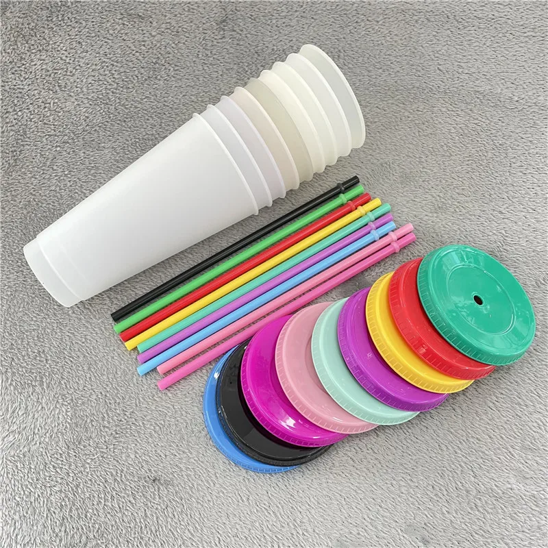 10 Uds. Tazas que cambian de Color con tapas y pajitas, vasos de plástico de 710ml, bonitas tazas de café helado, tazas reutilizables a granel para capuchino