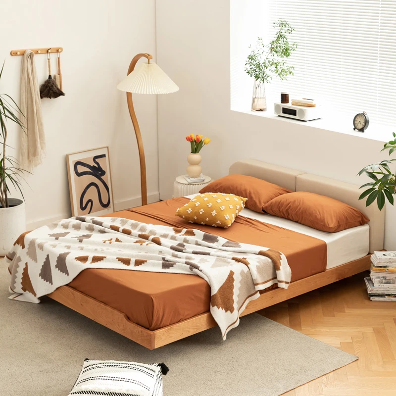 

Customizable Nordic suspended solid wood bed, oak simple Japanese single double tatami soft rest