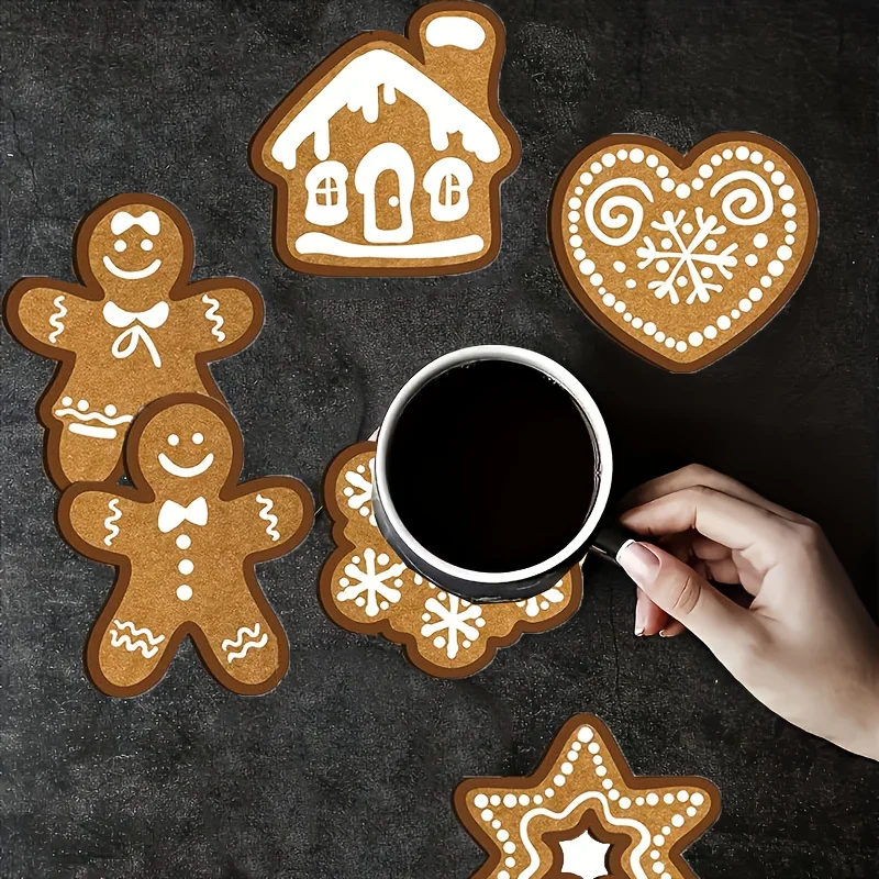 12/6 Pieces of Randomly Assorted 2D Flat Wooden Coasters with Gingerbread Man, Snowflake, Heart-Shaped, and Nordic Cabin Designs - Winter Christmas and Halloween Decorations, Heat-Resistant Round Drink Holders, Suitabl