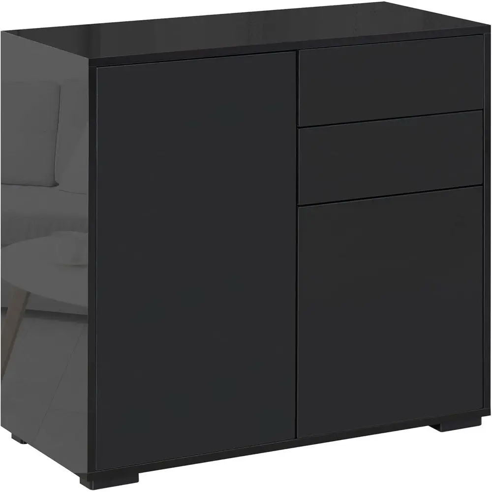 Modern High Gloss Black Sideboard with Drawers, Doors, and Adjustable Shelves, Push-to-Open Kitchen Storage Cabinet