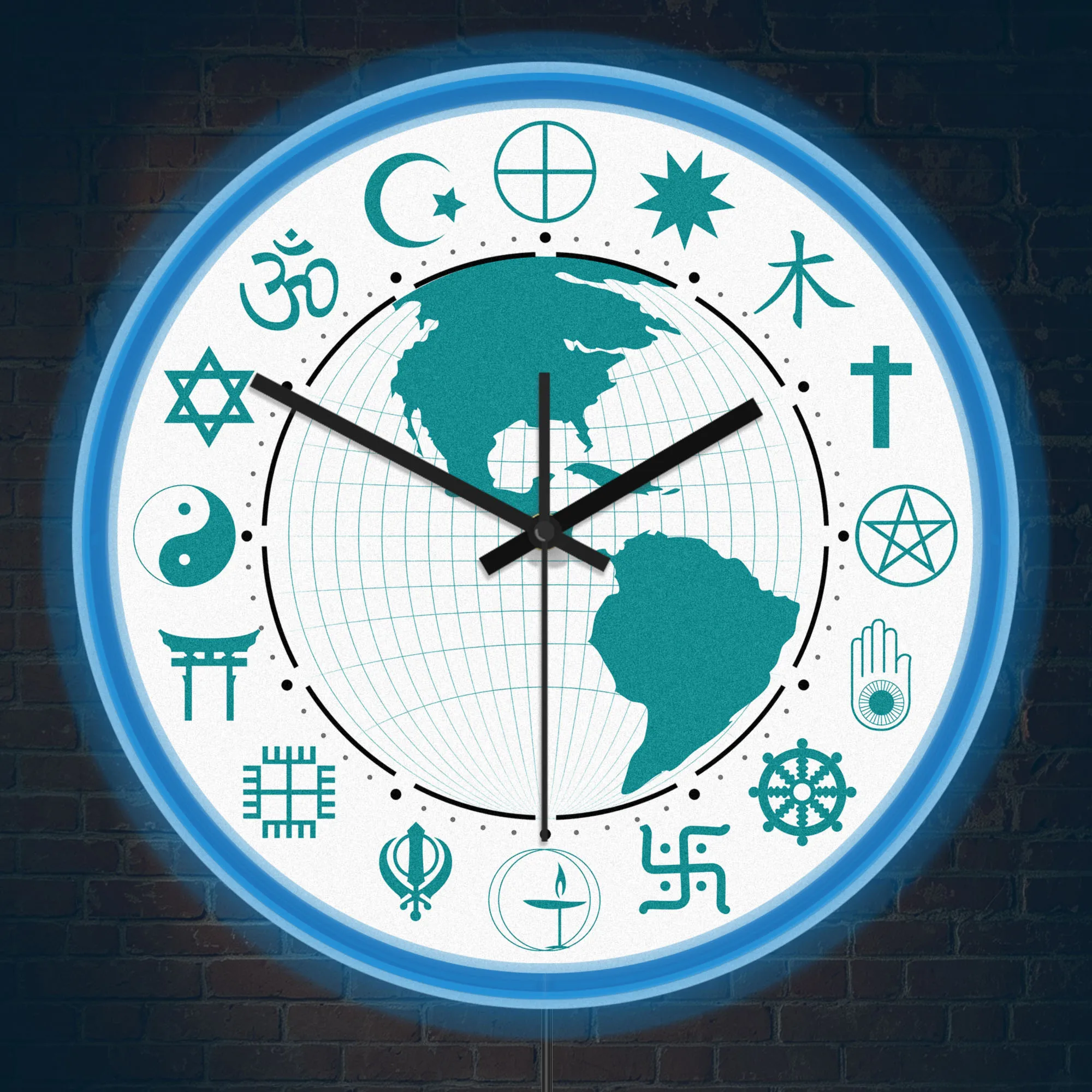 World Map Global Cultural Symbols LED Night Light Wall Clock for Office Room World Culture Faith Illuminated Sign Wall Clock