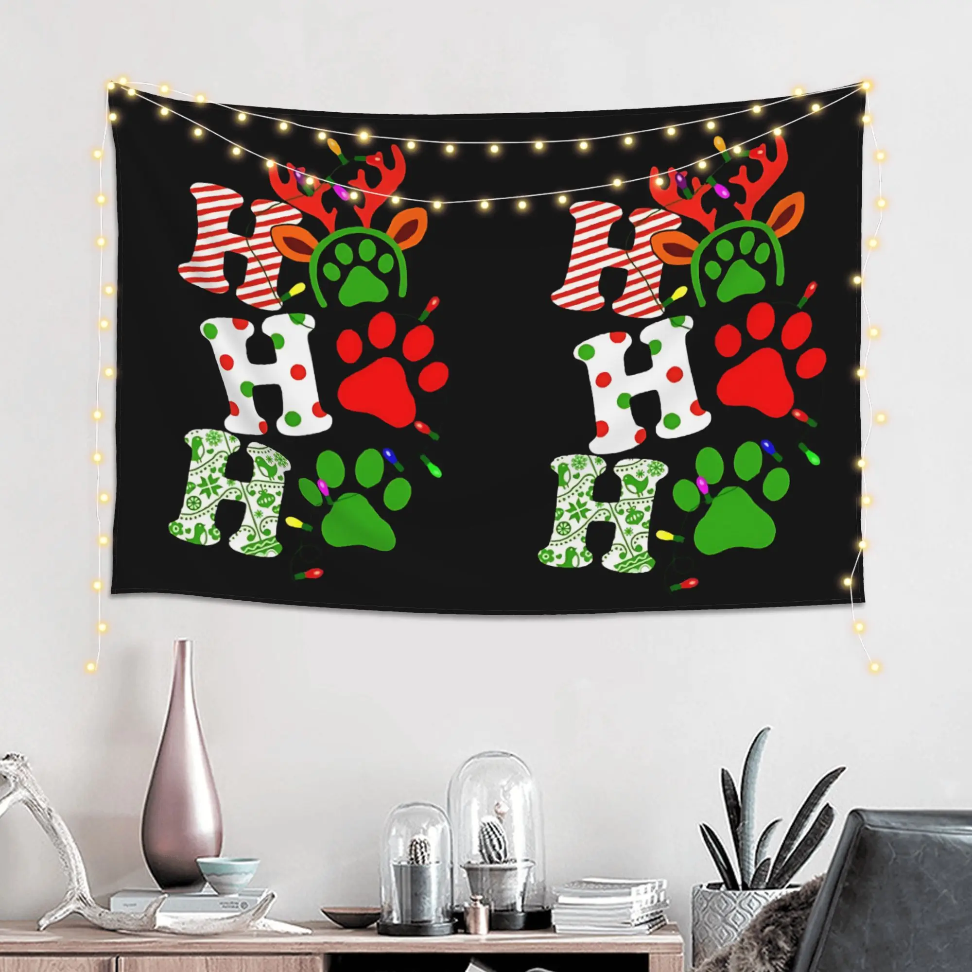 Ho Ho Ho Christmas Paw Dog Santa Laugh Customized Tapestry  Wall Hanging Blanket Tapestry Home Decor Items Wall Decorations