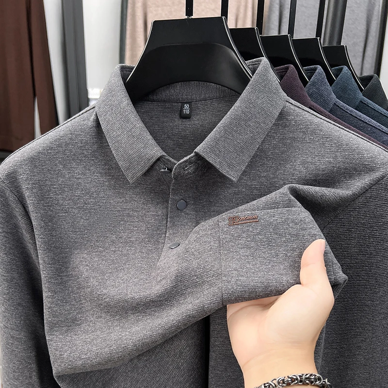 New Autumn Men's Lapel Polo Shirt Solid Color Long Sleeved Advanced Design Pocket T-Shirt  Daily Business Casual Men's Clothing