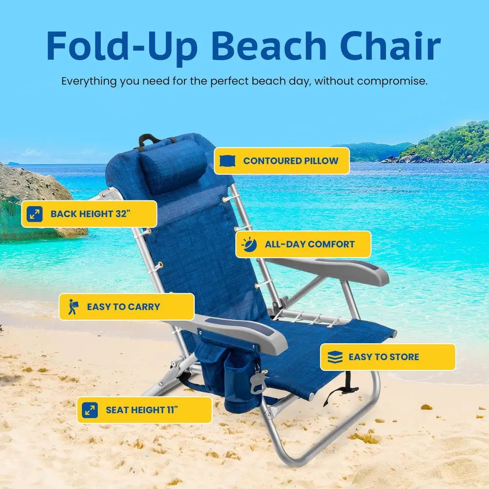 

Складное пляжное кресло-рюкзак с охладителем, 5 положениями регулировки, держателем для полотенец, XL-сумкой-холодильником, сеткой для хранения, держателем для стакана и телефона, Breeze, 2