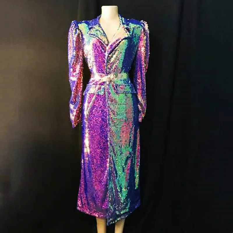 

Bar Concert Stage Performance Glitter Sequins Long Coat Purple Blue Sequined Dress Cloak Nightclub Singer Drag Queen Costume