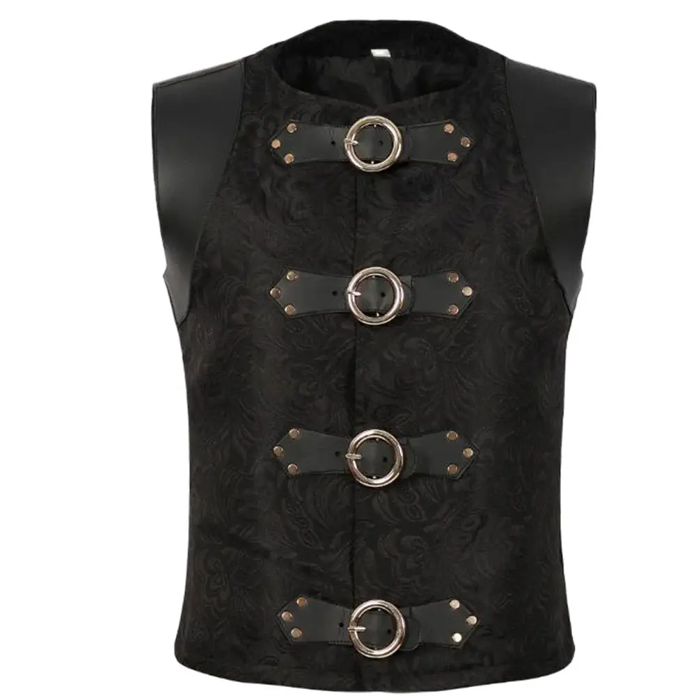 Men Suit Gilet Homme Black Belt Buckle & Lace Up Sleeveless Waistcoat Jacket Victorian Gothic Vintage Corset Vest Steampunk Vest