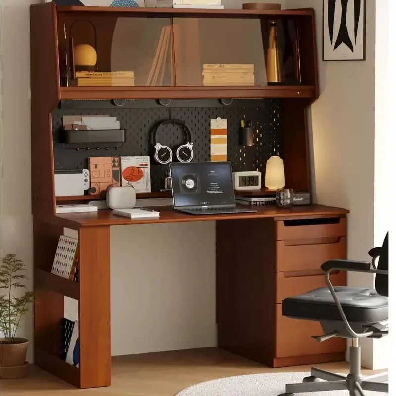 

Retro Medieval Solid Wood Integrated Desk & Bookshelf - Boxwood Multi-Functional Home Computer Desk