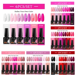 MEET ACROSS 6Pcs/Set Rose Red Pink Nude Gel Nail Polish Summer Sparlky Semi Permanent Nail Art Gel Vernis For Nails Manicure Kit