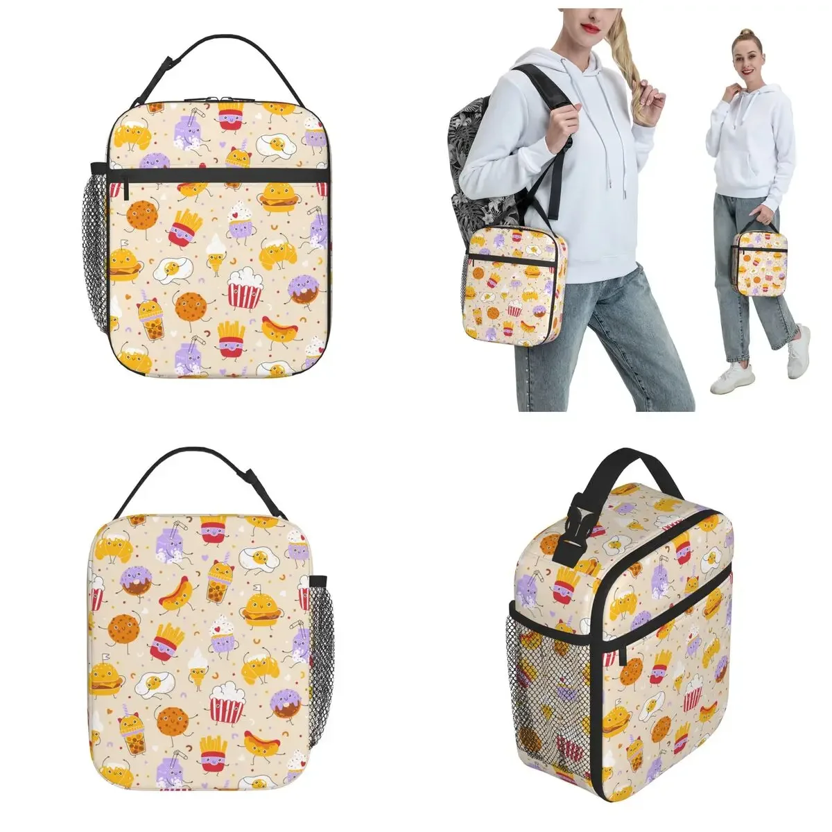 Cute Smile Cartoon Dessert Fast Food Insulated Lunch Bag Childish Hamburg French Fries Food Box Thermal Cooler Lunch Box Travel