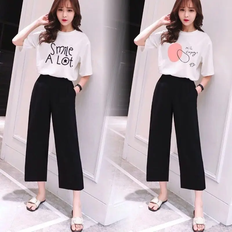 Fashionable T-Shirt And Wide Leg Pants Set for Girls Ages 13-18 Polyester Material Summer Collection Pure E-commerce Item
