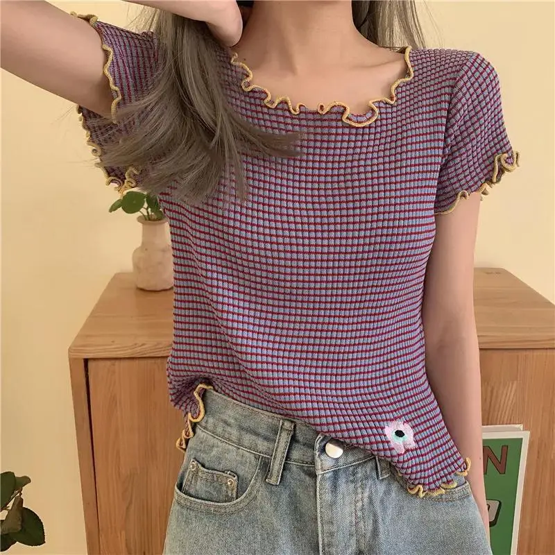 2024 Summer New Knitted Tops -Sleeved Western Style Youth, Beautiful Striped Short Sections Of Female Students Knitwear