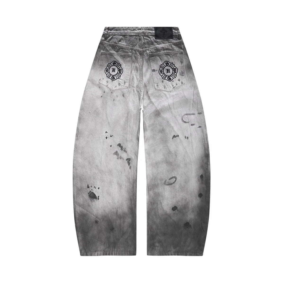 MWJLPWQ High-Street Gradient Splatter-Print Curved-Leg Jeans Men's American Gray-Dyed Distressed Loose Wide-Leg Trousers 21459