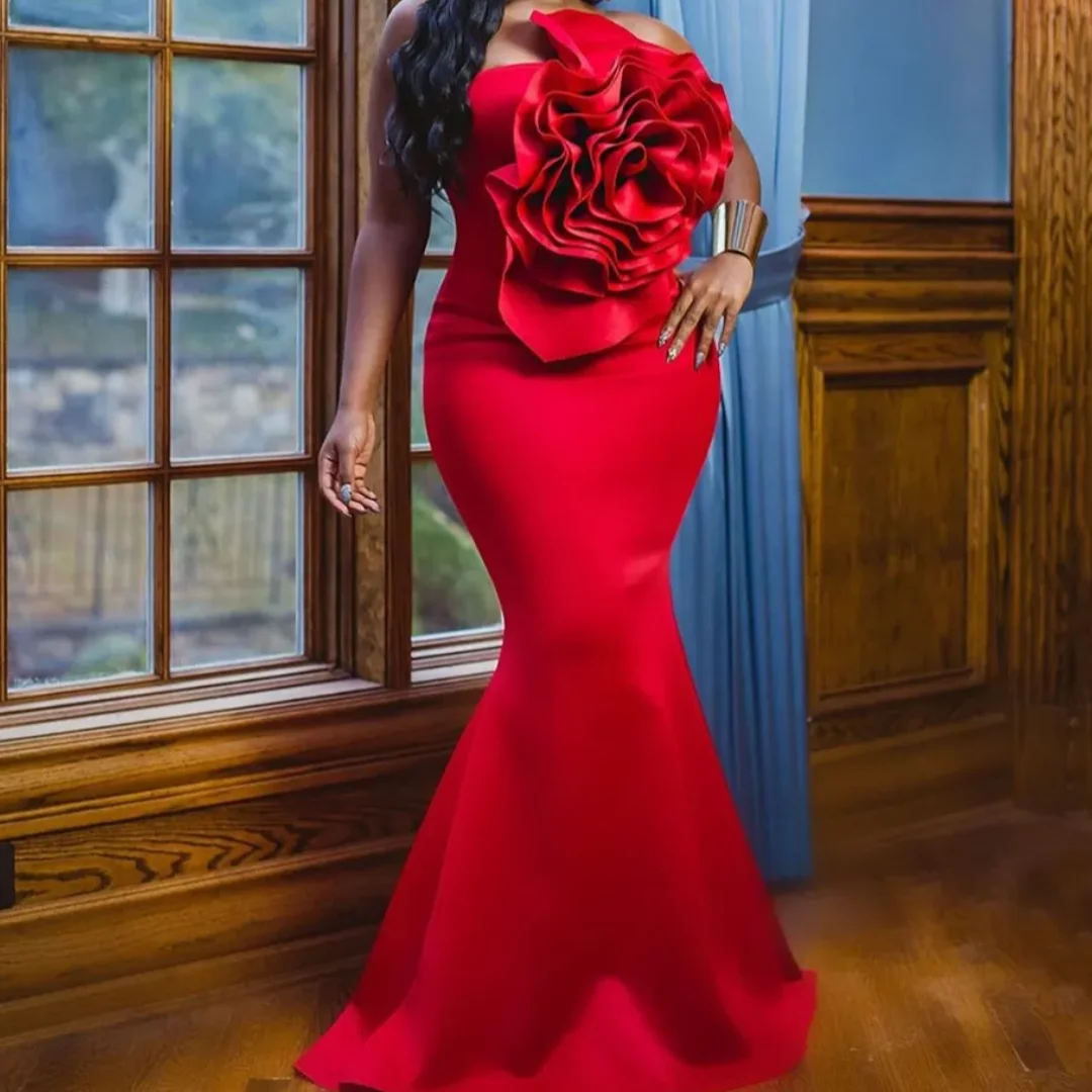 

Chic Red Flowers Mermaid Evening Dresses For Women Simple Satin White Special Occasion Party Gowns Prom Customized