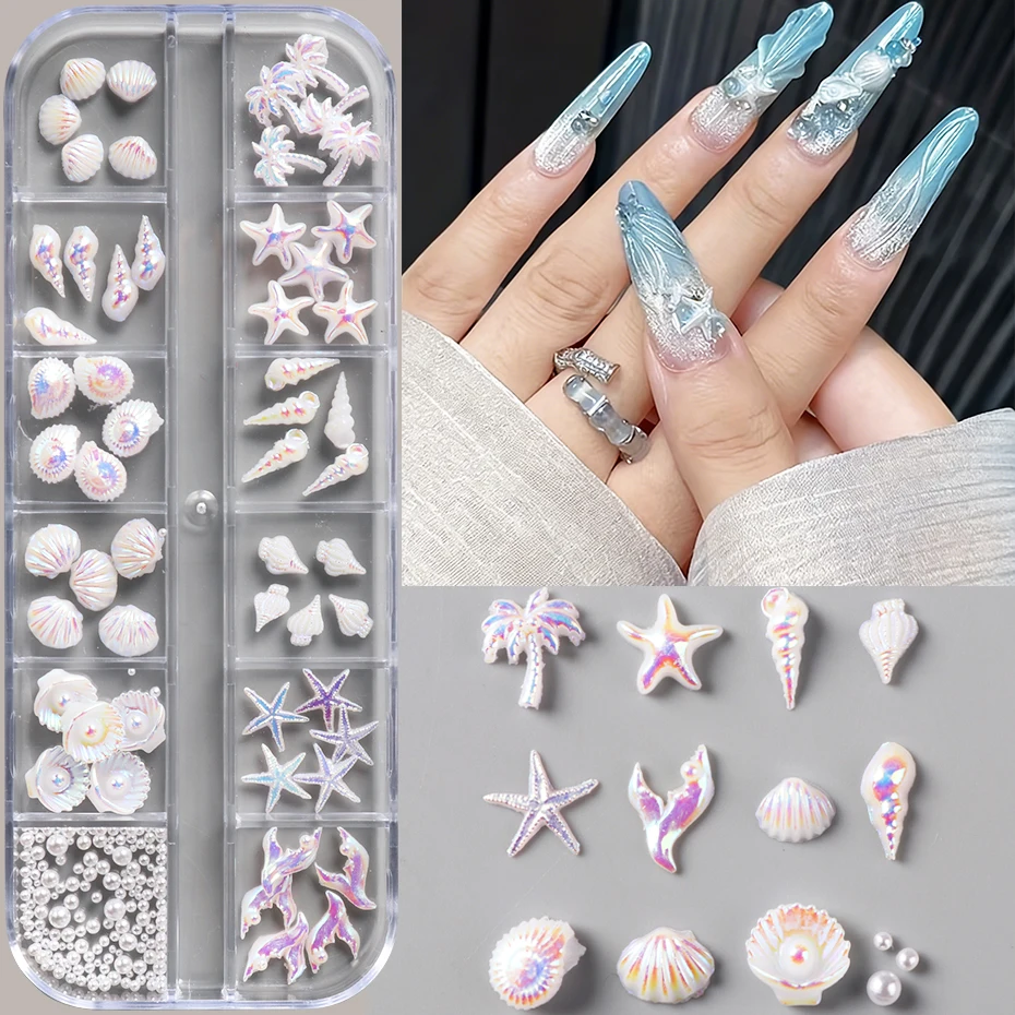 12 Grid Aurora Ocean Nail Charms 3D Resin Starfish, Seashells, Conches, Mermaid Tail, Coconut Tree Mixed Pearl Nail Art Decor