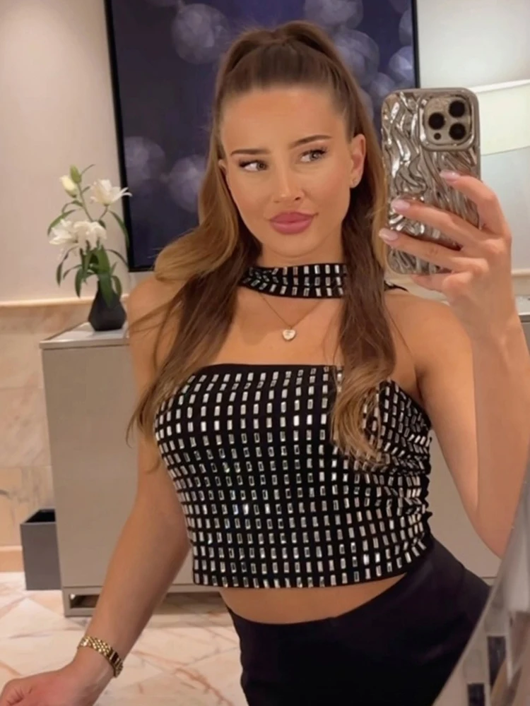 Nibber Neckholder Rückenfreies Strass-Applikationen-Tanktop für Damen, Hottie Chic Patchwork Stretch Coquette Sexy Midnight Party Clubwear
