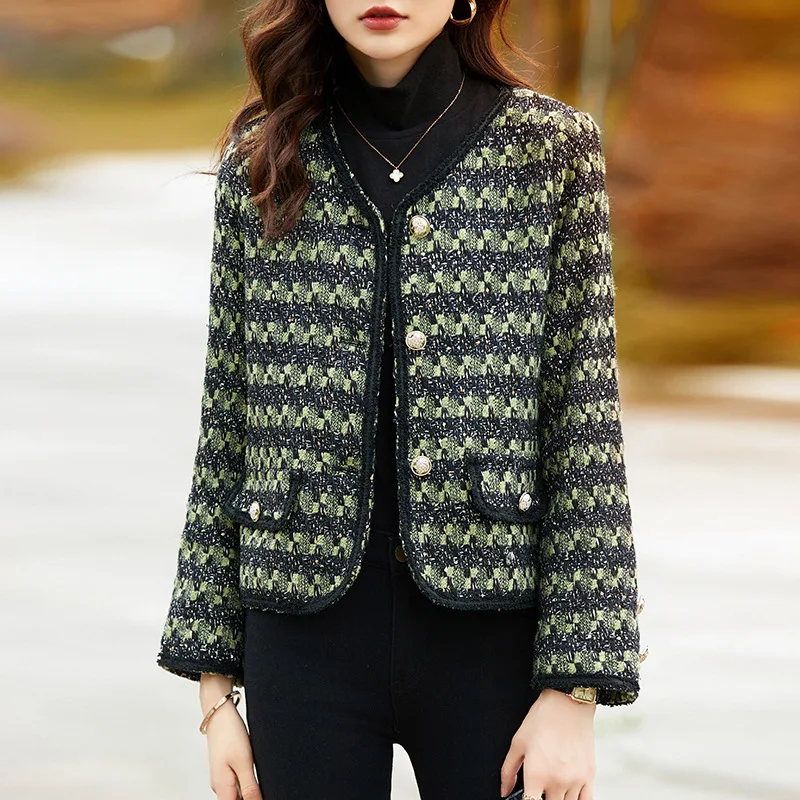 

Women's Green Tweed Coat New Spring/Autumn/Winter High end Small Fragrant Style Top