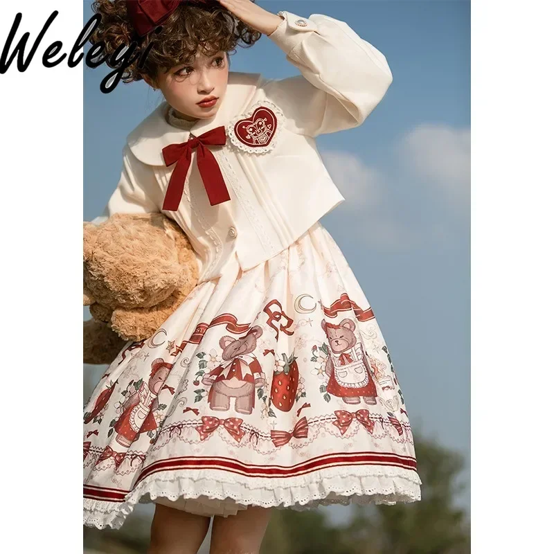 

Lolita Kawaii Winter Gift Set Jacket Jsk Dress Ropa De Mujer New in Streetwear Fashion Christmas New Year Rojita Two Peice Sets