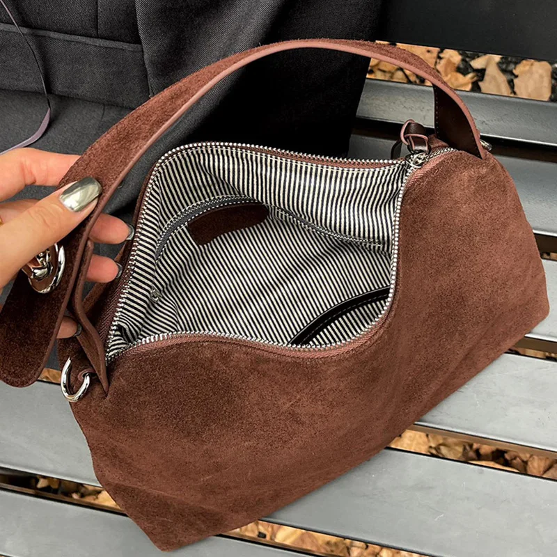 Wholesale Women Suede Bag Female Retro Frosted Cowhide Split Leather Armpit Shoulder Bag Lady Handbag Trendy Crossbody Messenger