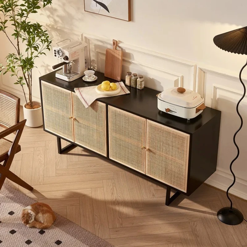 Nordic rattan dining side cabinet simple black storage cabinet retro home solid wood cabinet large capacity four door storage