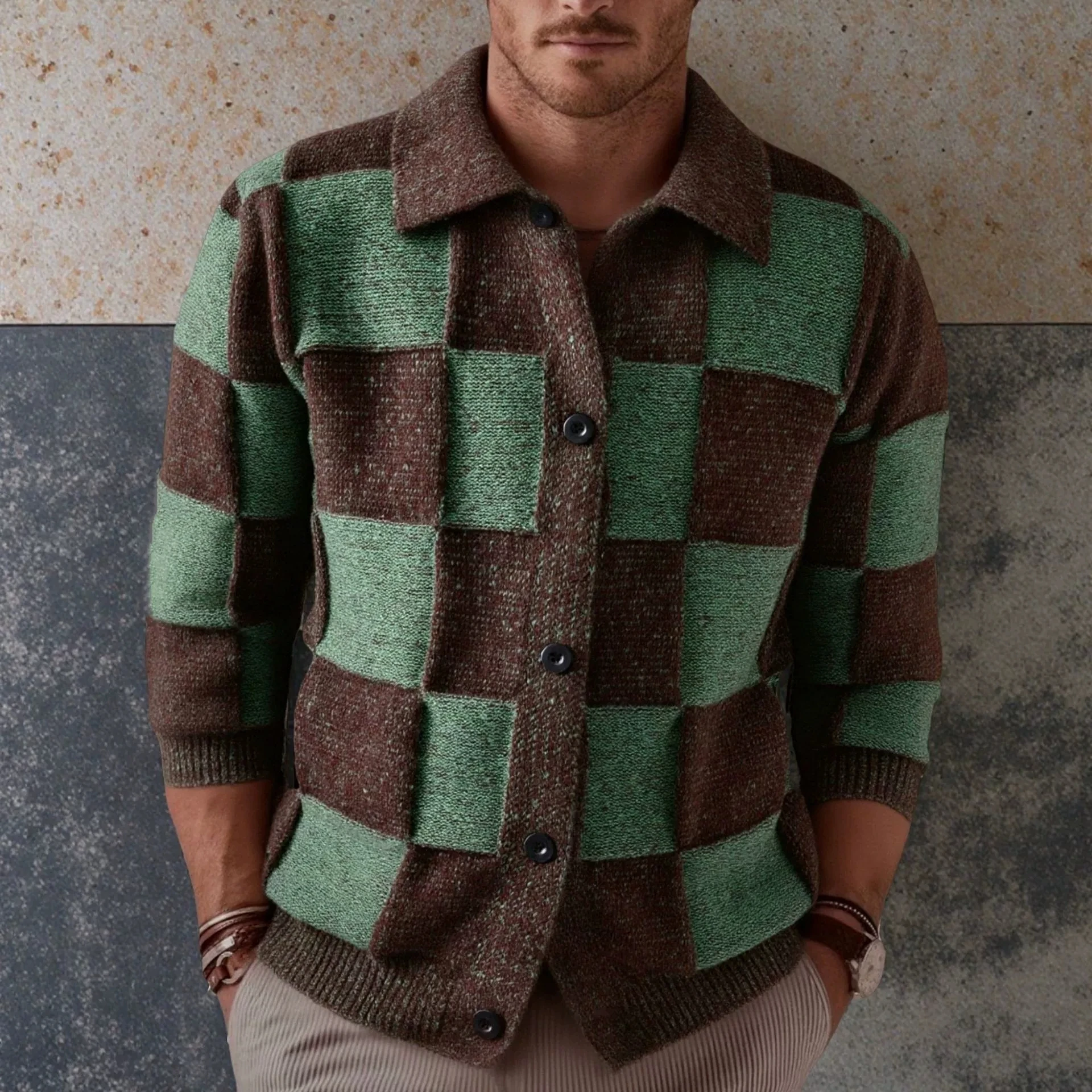 

Men's autumn and winter new classic checkered knitted sweater jacket long sleeved cardigan sweater for men Coat top