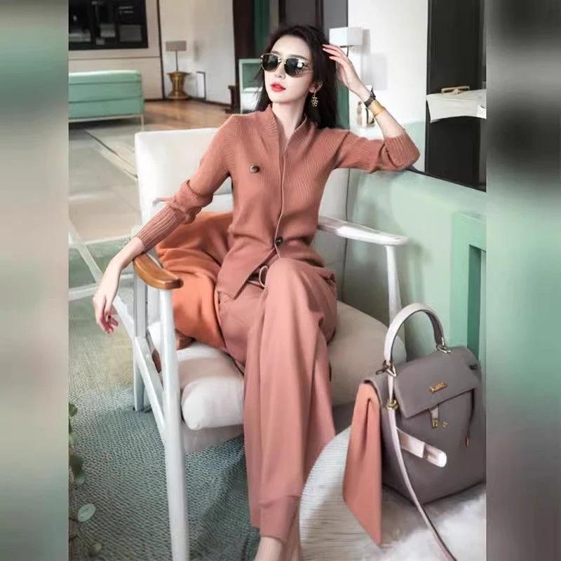 Spring Autumn Women's Loose Knitted Open Cardigan Wide Leg Pants Casual Set Two Pieces New 2025 Tea Aroma Slimming Effect