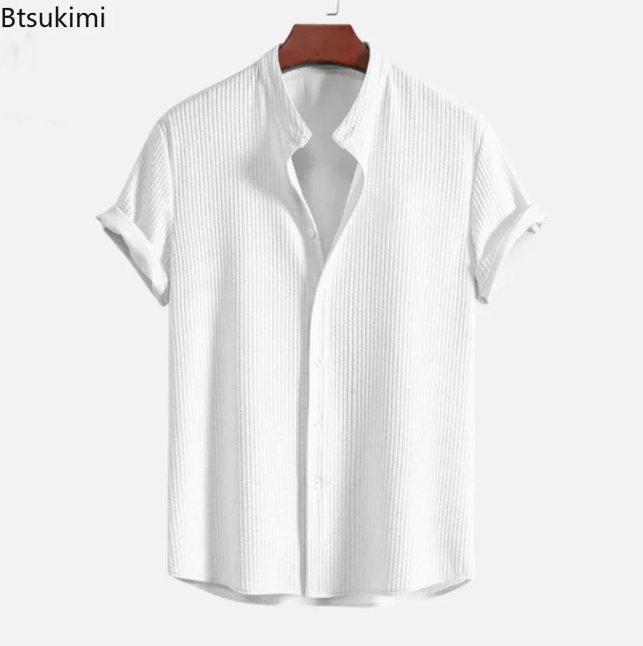 2025 Summer Twill Shirt for Men Fashion Stand Collar Button-up Short Sleeve Casual Shirts Solid Color Loose Men Daily Basic Tops
