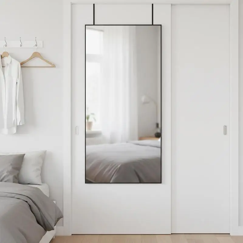 Miroir de porte noir 50x100 cm, cadre en aluminium robuste, verre clair. Livré avec deux crochets réglables, sans assemblage, suspension sur porte ou mur pour gagner de la place, style minimaliste adapté à toutes les pièces.