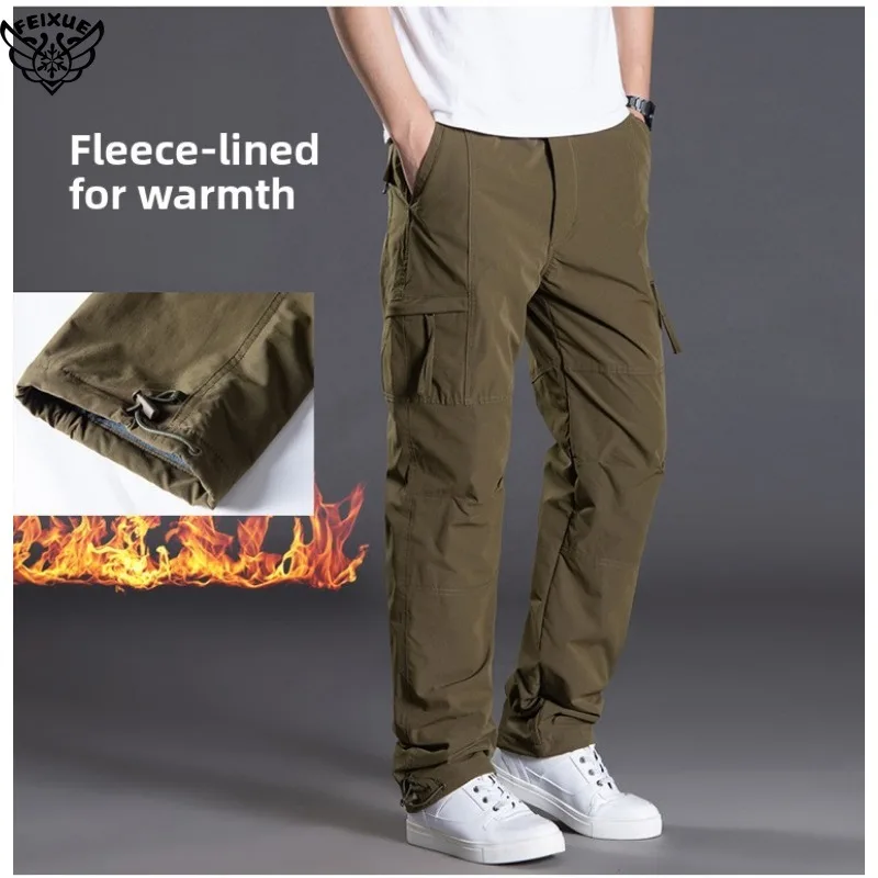 

6XL Thick Waterproof Warm Fleece Cargo Pants Men Winter Outdoor Plus Velvet Multi-pockets Loose Straight Casual Overall Trousers