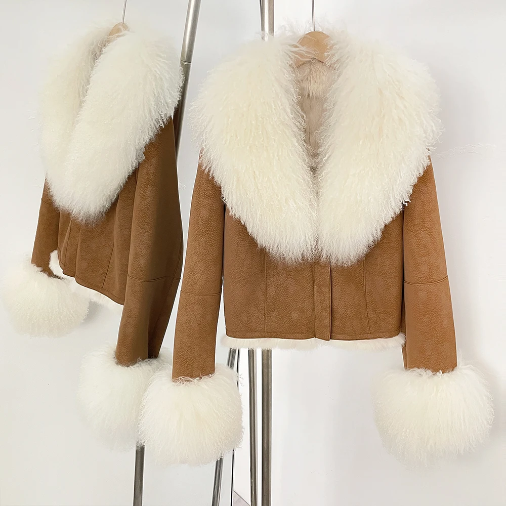 Real Mongolian Sheep Fur Coat 2025 Autumn Winter Suede Women with Long Sleeve New Arrival Winter Rabbit Fur Lining Fur Jacket