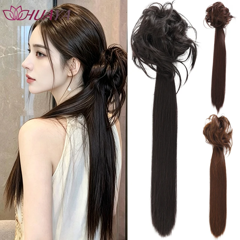 Women Synthetic Messy Bun Long Straight Ponytail Extension Wrap Around Hairpiece Daily Hair Accessory