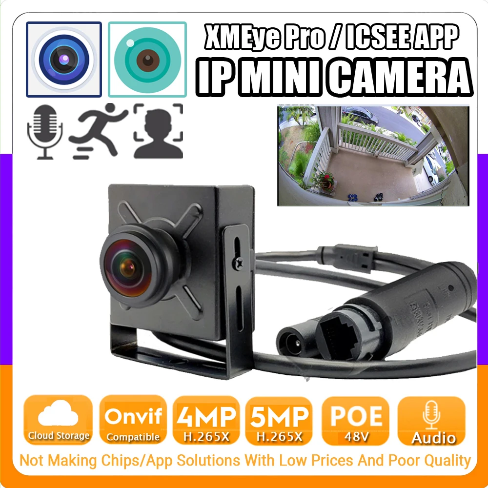 Mini telecamera panoramica IP POE audio in metallo 1.7mm FishEye 5MP 4MP 170 Angolo super grande H.265 Microfono Onvif Rilevamento viso/movimento