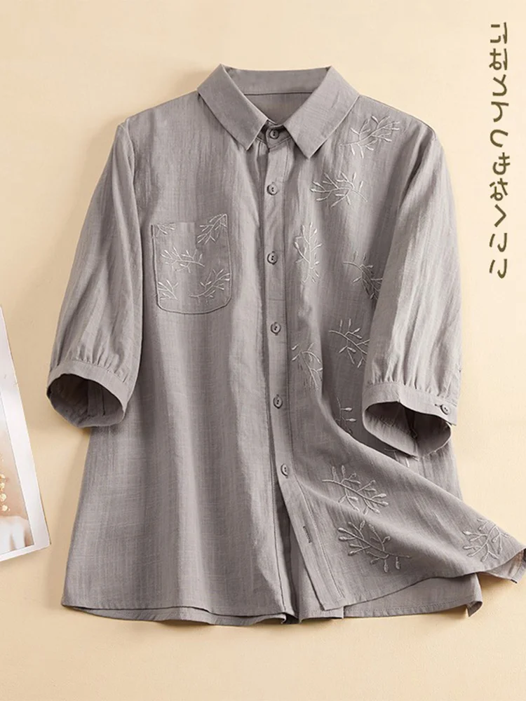 

Повседневный хлопок и лен ort Sve irt, женский свободный крой с вышивкой, воротник обычной длины, на пуговицах, художественный крой