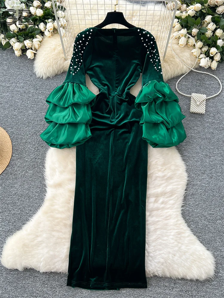 SINGREINY Green Velvet Long Dress Women Butterfly Sleeve Temperament Zipper Split Ladies Pearl Design Elegant Senior Party Dress