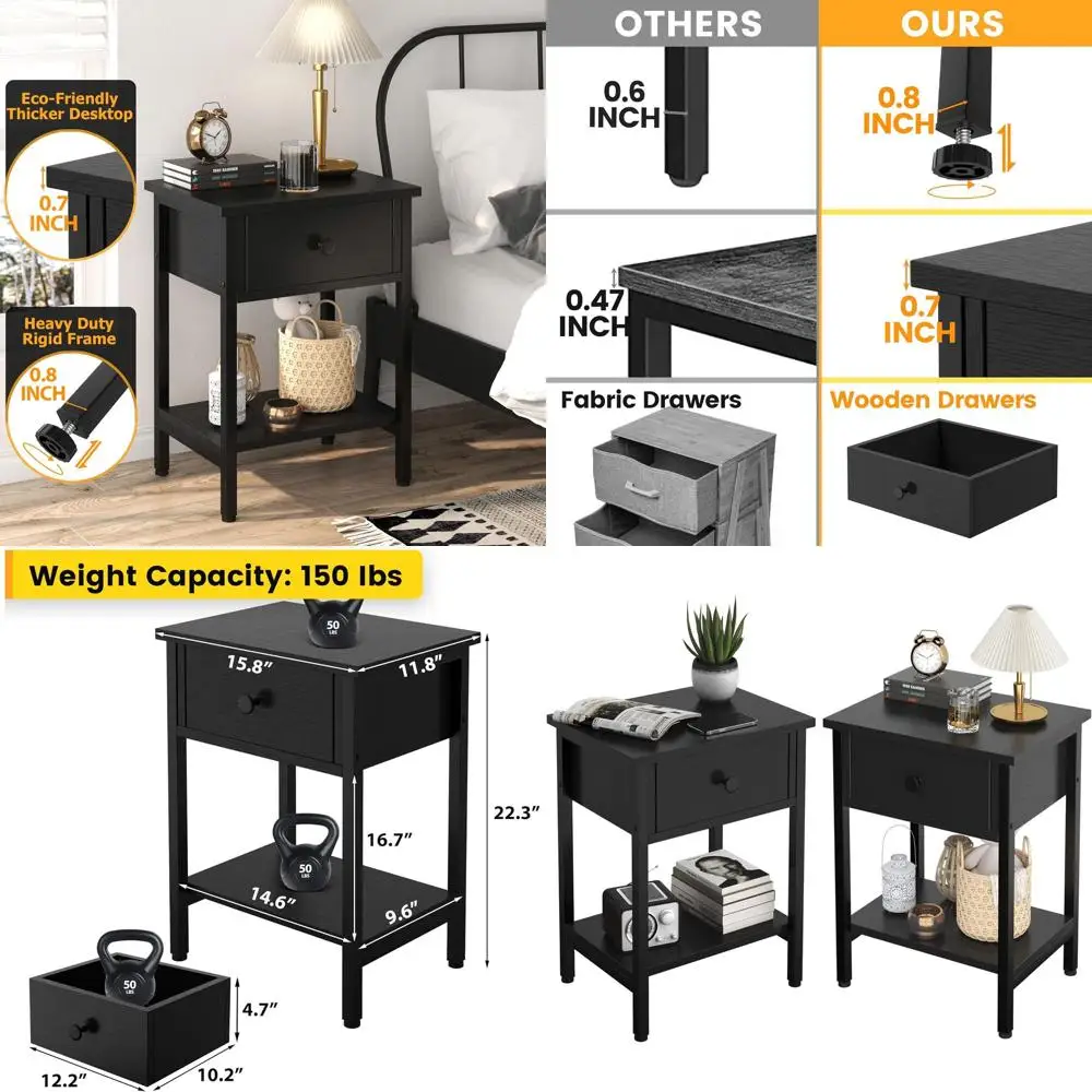 

Пара черных металлических и деревянных тумбочек с ящиками и полкой для хранения для гостиной и спальни