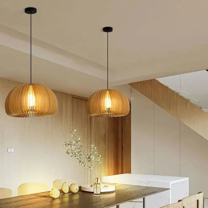 

Japanese Style LED Wooden Pendant Light E27 Solid Wood Pumpkin Lamp Home Appliance Decor Kitchen Lights Restaurant Chandelier