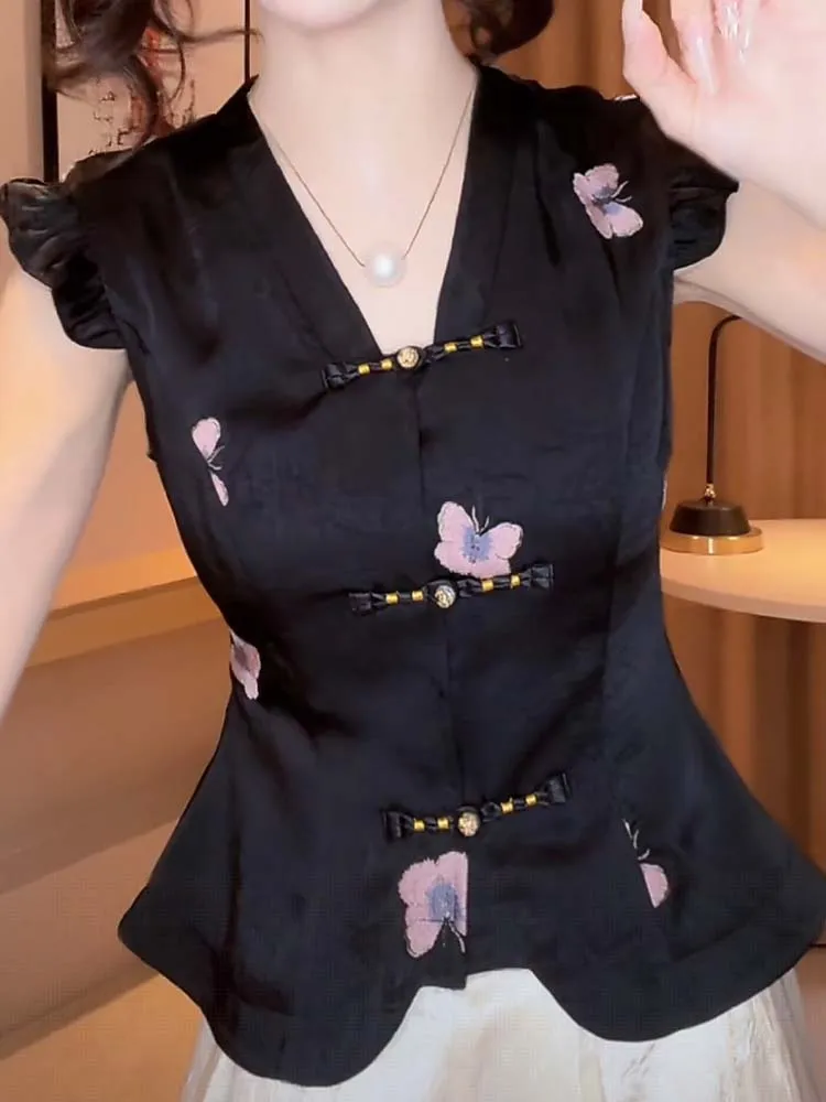 

Faionable Embroidered Retro Floral irt Slim Fit Button up Top V Ne ort Sve Women's Breathable Commute Sle Clothing