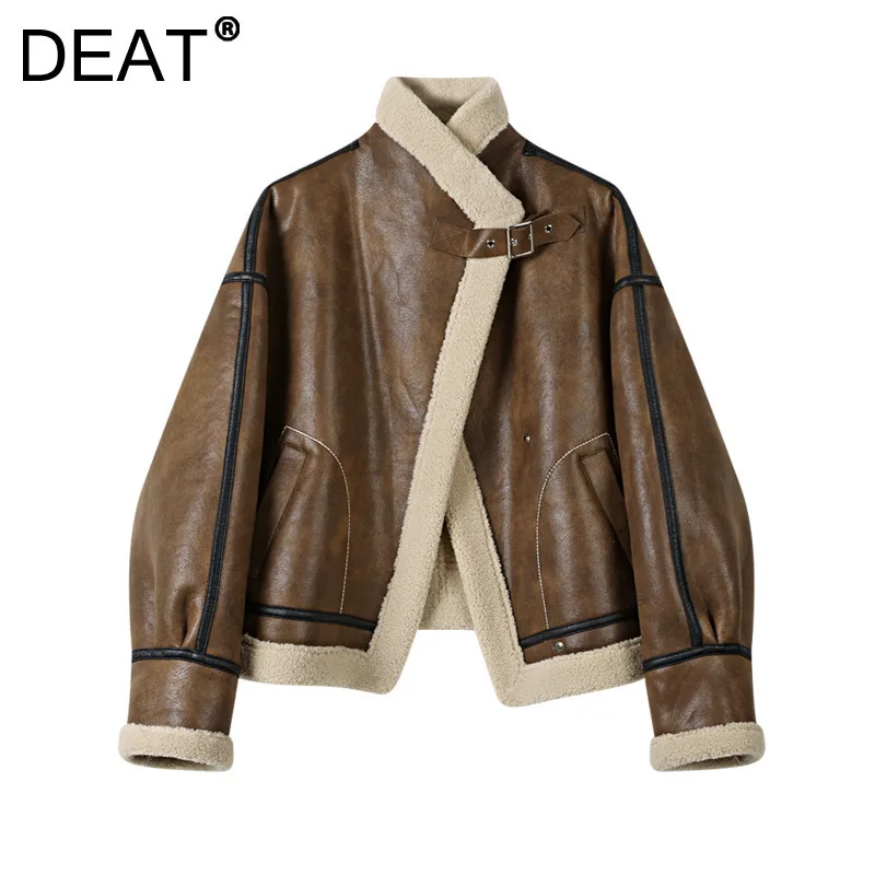 DEAT Women's Coat Brown Pu Leather Thick Spliced Lines Design Lamb Wool Motorcycle Style Jackets 2025 Spring New Fashion 29L8926