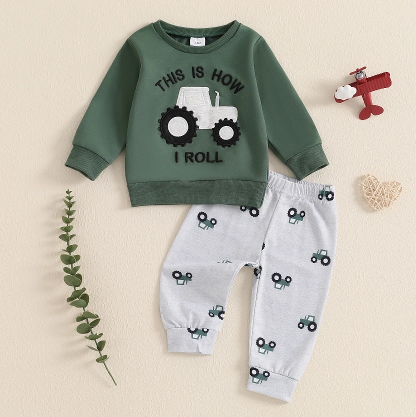 Baby Boys Autumn Pant Sets Tractor Print Long Sleeve Sweatshirt with Sweatpants Infant Clothes Toddler Boys Tracksuits Set