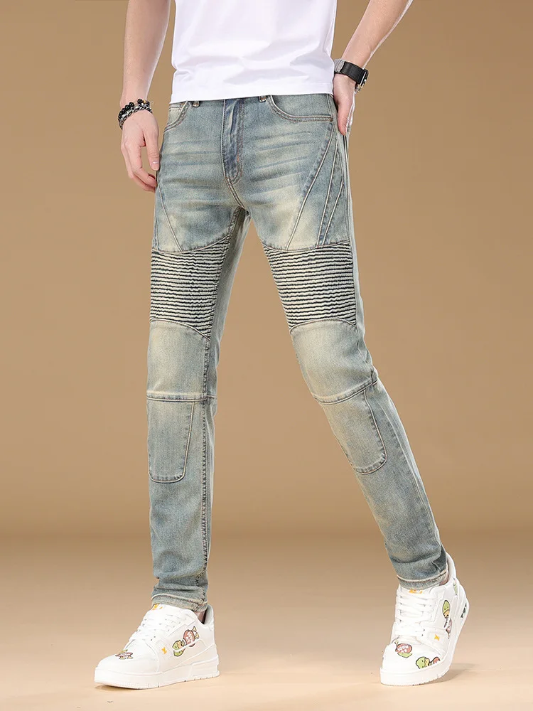 

Новинка 2023 года, джинсы в стиле ретро, мужские модные уличные джинсы с морщинами, облегающие модные брендовые мотоциклетные эластичные брюки с небольшой ногой