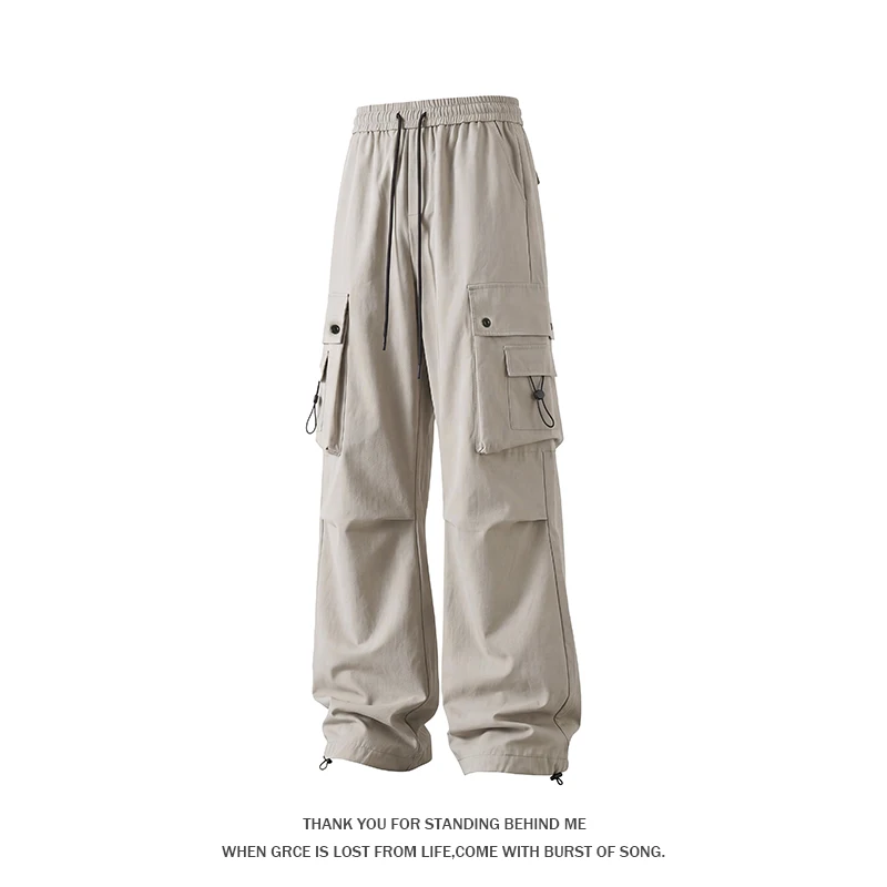 wide-leg work pants with an elastic drawstring waistband perfect for hiking streetwear casual featuring multiple side pockets