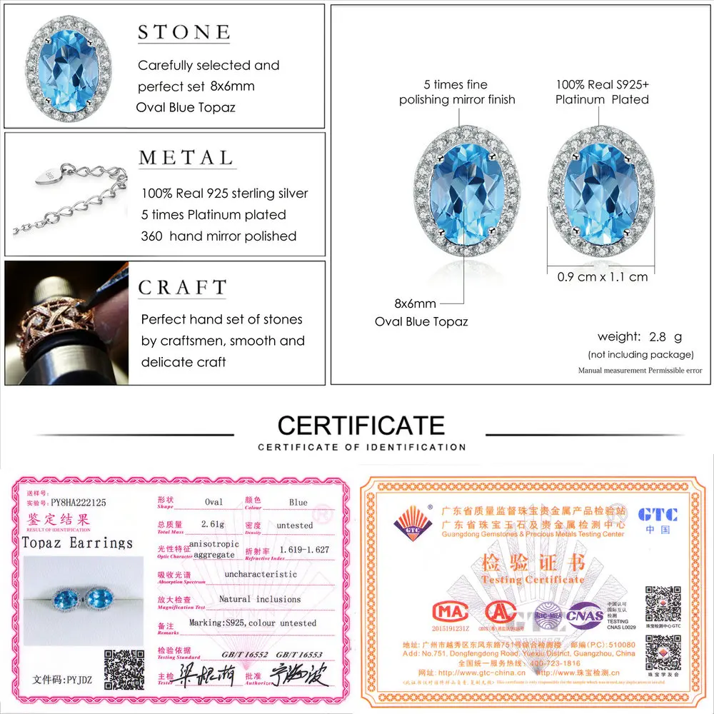 LAMOON Natural Topaz Earrings For Women Gemstone Earring Blue Stone 925 Sterling Silver White Gold Plated Wedding Jewelry EI020