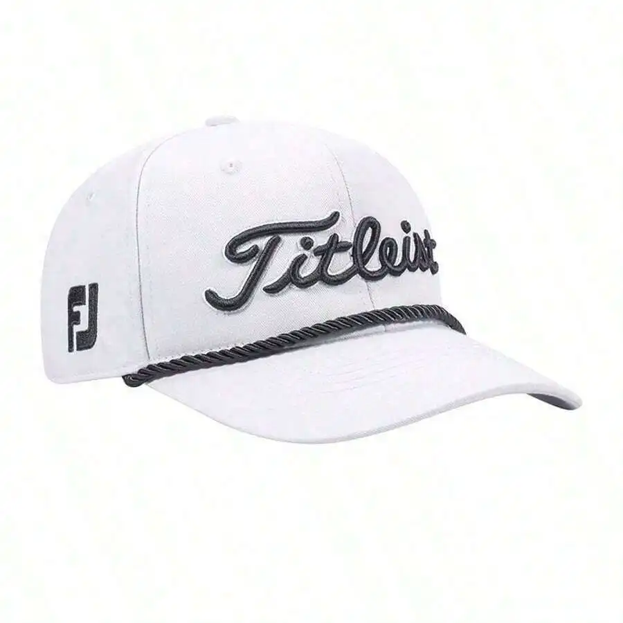 

White Golf Cap With Embroidered Logo And Rope Trim