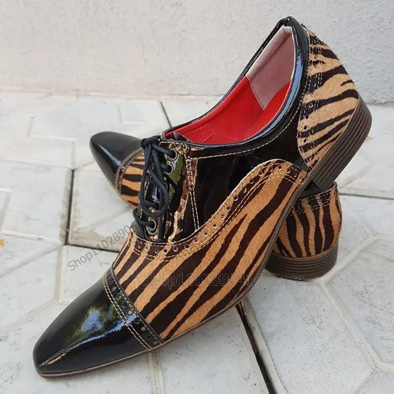 รองเท้าผู้ชายลายม้าลายสีน้ำตาลดำ หัวเหลี่ยม สายรัด แฟชั่น รองเท้าผู้ชายแบบผูกเชือก รองเท้าหรูหรา ทำมือ สำหรับงานปาร์ตี้ งานเลี้ยง รองเท้าลำลองผู้ชาย