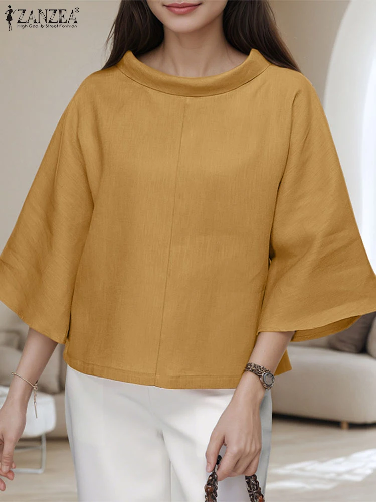 ZANZEA Womens Fashion Loose Blouses 2025 Summer Stand Collar 3/4 Sleeve Blusas Mujer Day Wear Casual Solid Color Tops Streetwear