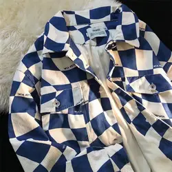 High Street Retro Klein Blue Color-blocked Checkerboard Shirt for Men and Women Niche Trendy Brand Corduroy Lapel Casual Jacket
