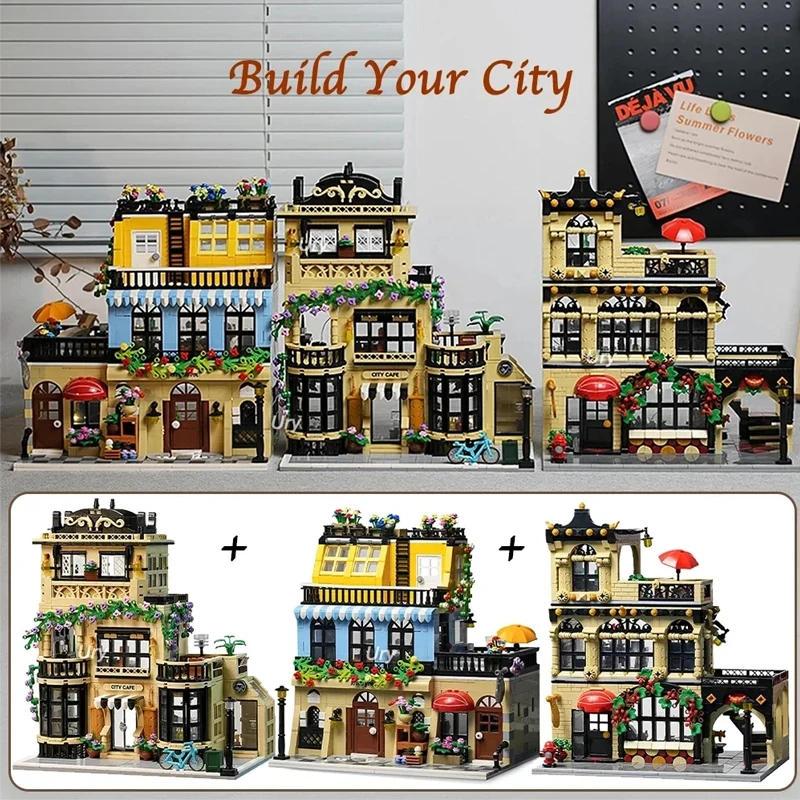 

MOC City Cafe Western Restaurant Hotel Building Blocks Street View Model Bricks Set with LED Light Modular Toys Adults Gifts