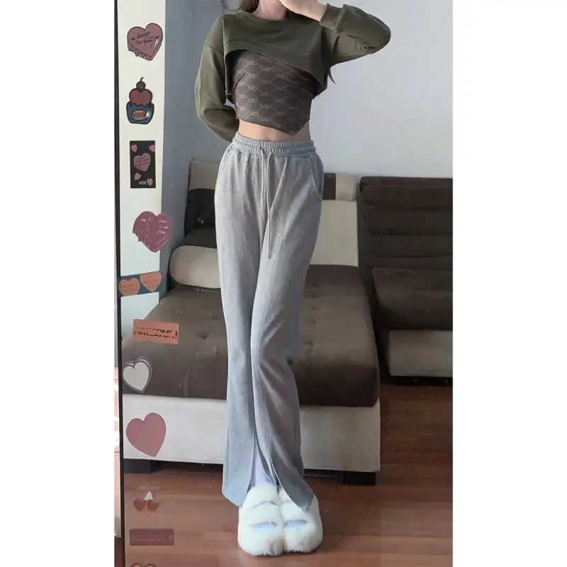 150cm Petite girls Micro Bell-Bottom Split Leisure Pants Female High Waist Straight Narrow Version Sports Pants XS Nine Points