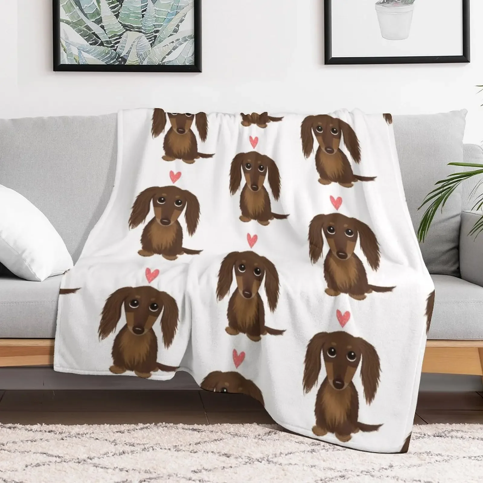 Longhaired Chocolate Dachshund | Cute Wiener Dog with Heart Throw Blanket Custom Decorative Sofa warm winter Blankets